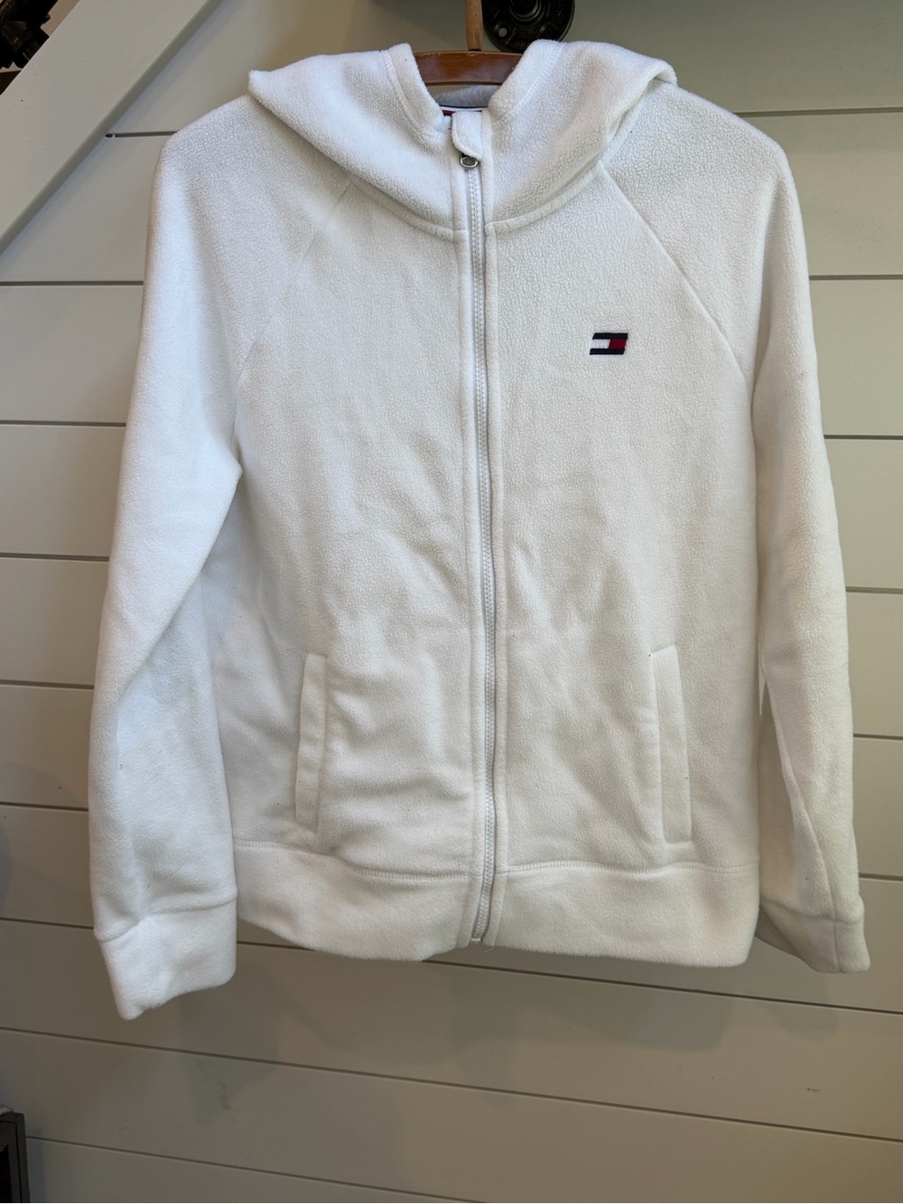 Tommy Hilfiger White Fleece Zip Front Hooded Jacket with Flag Logo